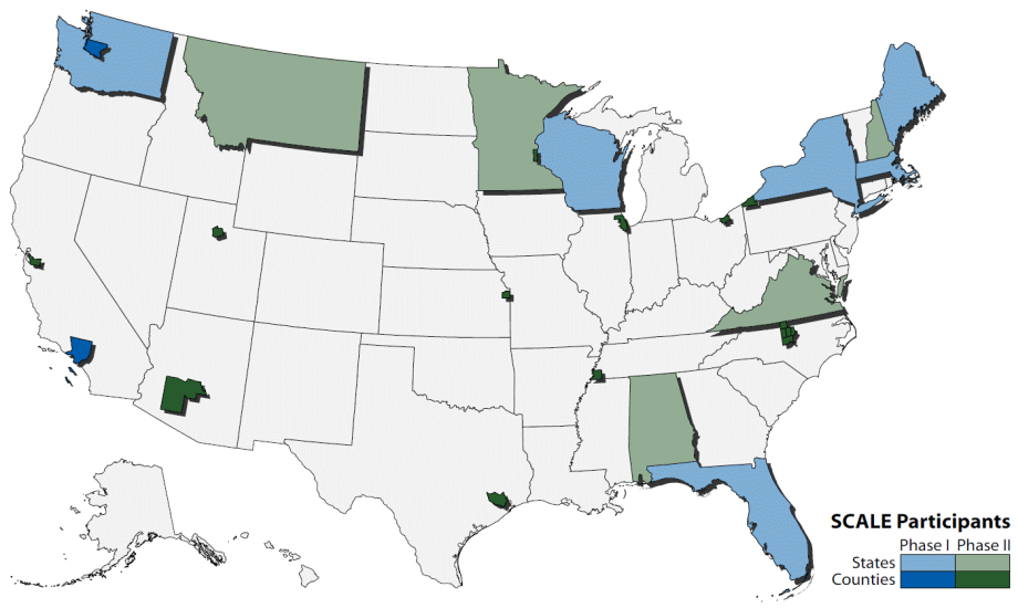 United States map identifying health department jurisdictions of SCALE Phase I and II participants. Abbreviation: SCALE, Sub-County Assessment of Life Expectancy.