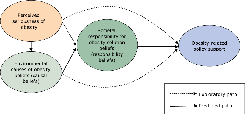 Predicted theory of change model used to operationally define the constructs of the Healthy Living Focus Area theory of change, the relationships between these constructs, and the hypothesized relationships of the constructs to support for obesity policies, Kansas Health Foundation, 2014. Dashed lines represent exploratory paths not predicted in the theory of change. Solid lines are paths predicted in the theory of change.