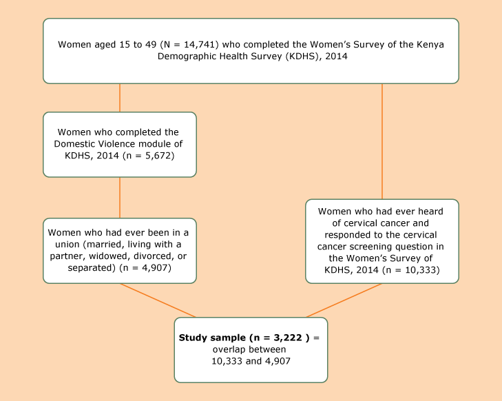 Study sample of women selected from the Kenya Demographic Health Survey, 2014, to analyze the association between cervical cancer screening and women’s individual characteristics and intimate partner factors.