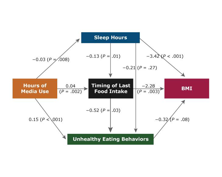 Mediation model examining the association between hours of media use and body mass index (BMI) percentile among adolescent males (8th and 11th grade students) in Texas, 2015–2016. Data are from the 2015–2016 School Physical Activity and Nutrition Survey (32).