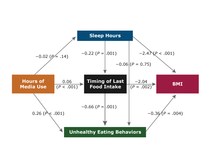 Mediation model examining the association between hours of media use with body mass index (BMI) percentile among adolescent girls (8th and 11th grade students) in Texas, 2015–2016. Data are from the 2015–2016 School Physical Activity and Nutrition Survey (32).