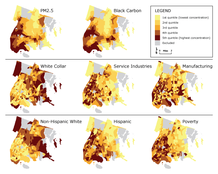 The Bronx is shown by census tract in 8 maps indicating distribution of characteristics by quintile, which range from 1 to 5. Quintiles indicate concentrations of characteristics with 1 being the lowest and 5 being the highest. Maps present 3 categories of characteristics: pollutants, occupations, and demographic characteristics. Excluded tracts were in the northeastern, northwestern, and southeastern areas of the county. The first 2 maps show distribution of the pollutants PM2.5 and of black carbon, both of which have high concentrations in the southwestern portion of the Bronx. Three maps show the distribution of white collar, service industry, and manufacturing occupations. Census tracts in the northwestern and eastern Bronx have higher proportions of white-collar workers than the rest of the county. Tracts in the southwest have high proportions of service workers. Manufacturing is less concentrated, with high proportions in the south and low proportions in the northwest. Three maps show the distribution of non-Hispanic white populations, Hispanic populations, and poverty (people living below federal poverty guidelines). Tracts with high proportions of non-Hispanic white residents are in the northwest and eastern Bronx (similar to the distribution of white-collar workers). Tracts with high proportions of Hispanic residents or those living below federal poverty guidelines are in the southwestern portion of the county, with distributions similar to those of service industry workers and of the pollutants.