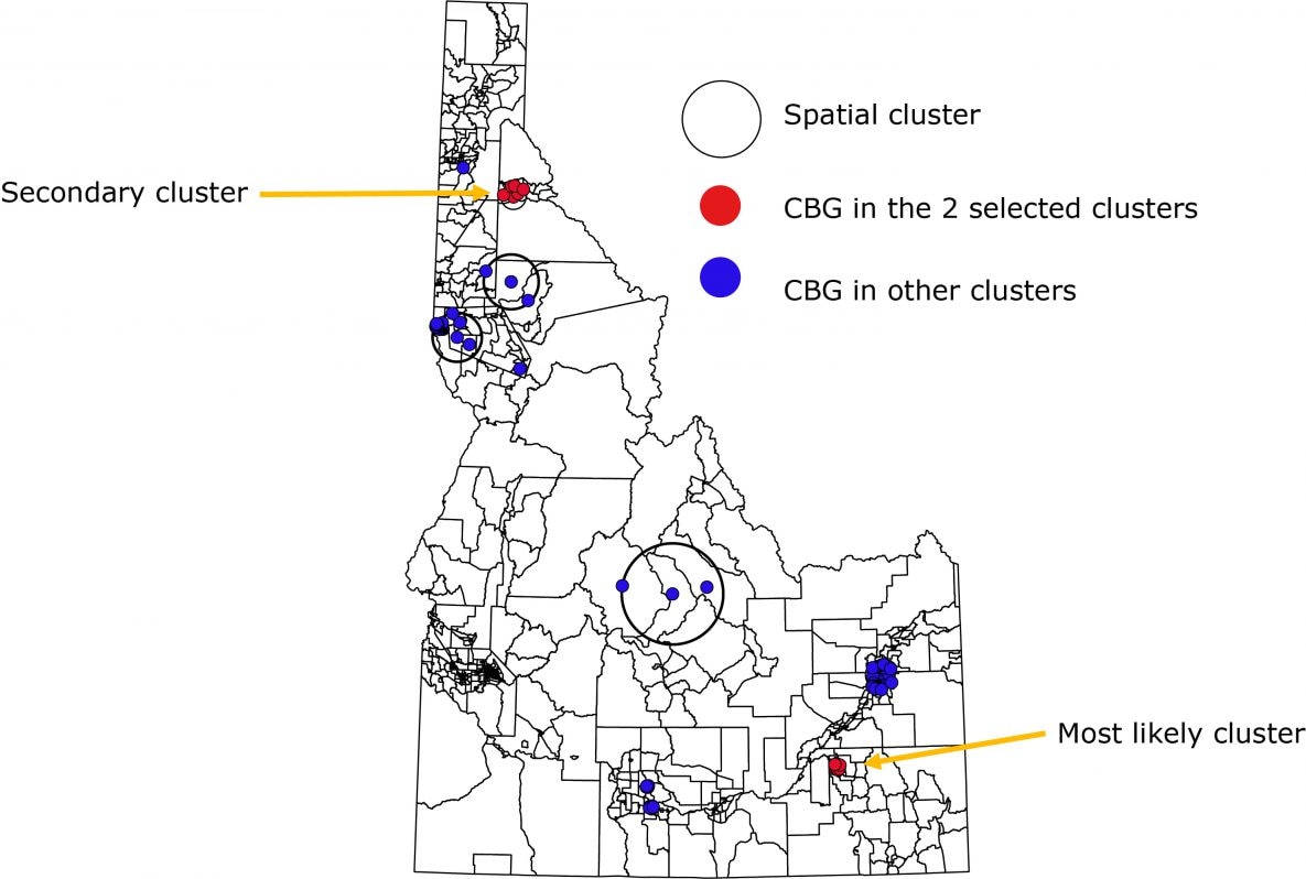 Spatial clusters of Idaho resident suicides by census block group, 2010–2014. A dot is a centroid of a census block group (CBG); 1 dot might represent 1 or more suicides that occurred in that CBG during the study period.