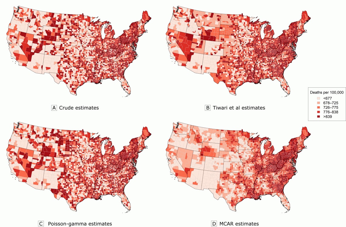 Comparison of 3 approaches for estimating age-standardized heart disease mortality rates for 2 age groups (adults aged 35 to 44 and adults aged ≥85) from 1980. A, Estimates for adults aged 35 to 44 obtained by using the approach of Tiwari et al (8). B, Estimated posterior medians for adults aged 35 to 44 from the Poisson-gamma model. C, Estimated posterior medians for adults aged 35 to 44 from the multivariate conditional autoregressive model (MCAR). D, Estimates for adults aged ≥85 obtained by using the approach of Tiwari et al (8). E, Estimated posterior medians for adults aged ≥85 from the Poisson-gamma model. F, Estimated posterior medians for adults aged ≥85 from the multivariate conditional autoregressive model (MCAR). Data source: Centers for Disease Control and Prevention (18).