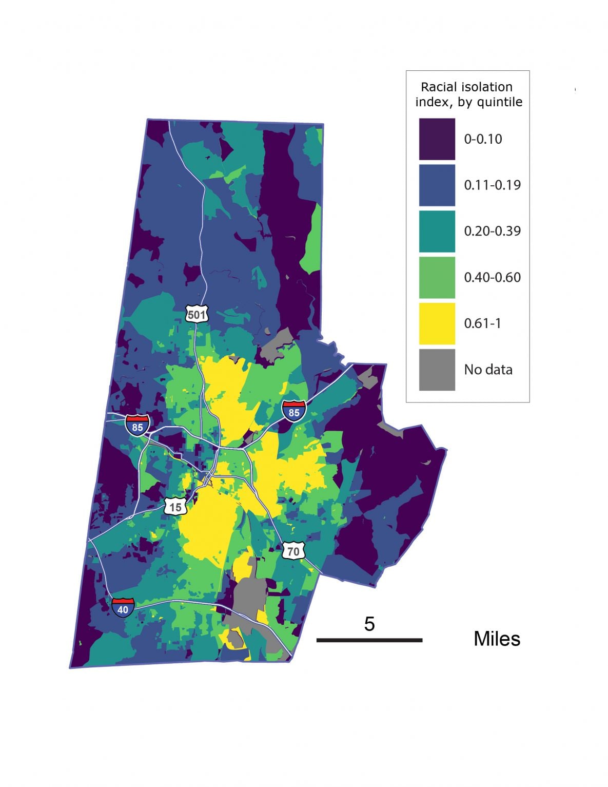 Index value, by quintile, for census-block–level racial isolation of non-Hispanic black residents, Durham, North Carolina. Index of racial isolation is scaled from 0 to 1, with 1 indicating complete isolation.