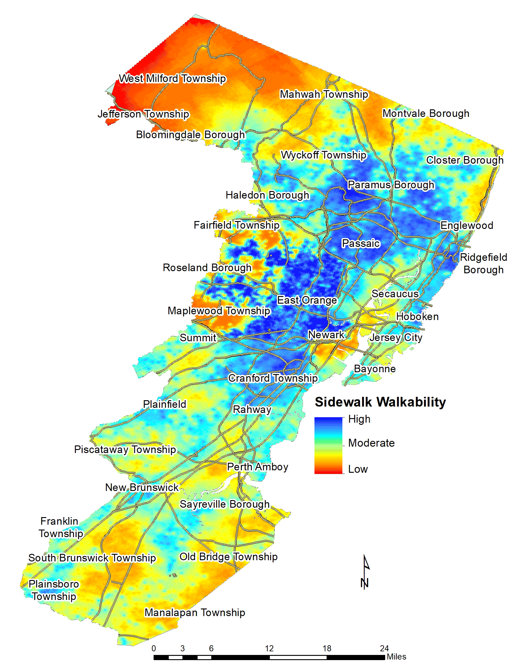 High levels of sidewalk walkability are concentrated in the urban core of northeastern New Jersey, in areas such as East Orange, Newark, and Passaic. As distance increases from the urban core, the level of walkability tends to decrease. For example, in the far northwestern corner of the map, in West Milford Township, the level of sidewalk walkability is lowest. In the southern portion of the map, towards Manalapan Township, the levels of walkability are moderate to fair. However, small-scale variation exists throughout the study region.