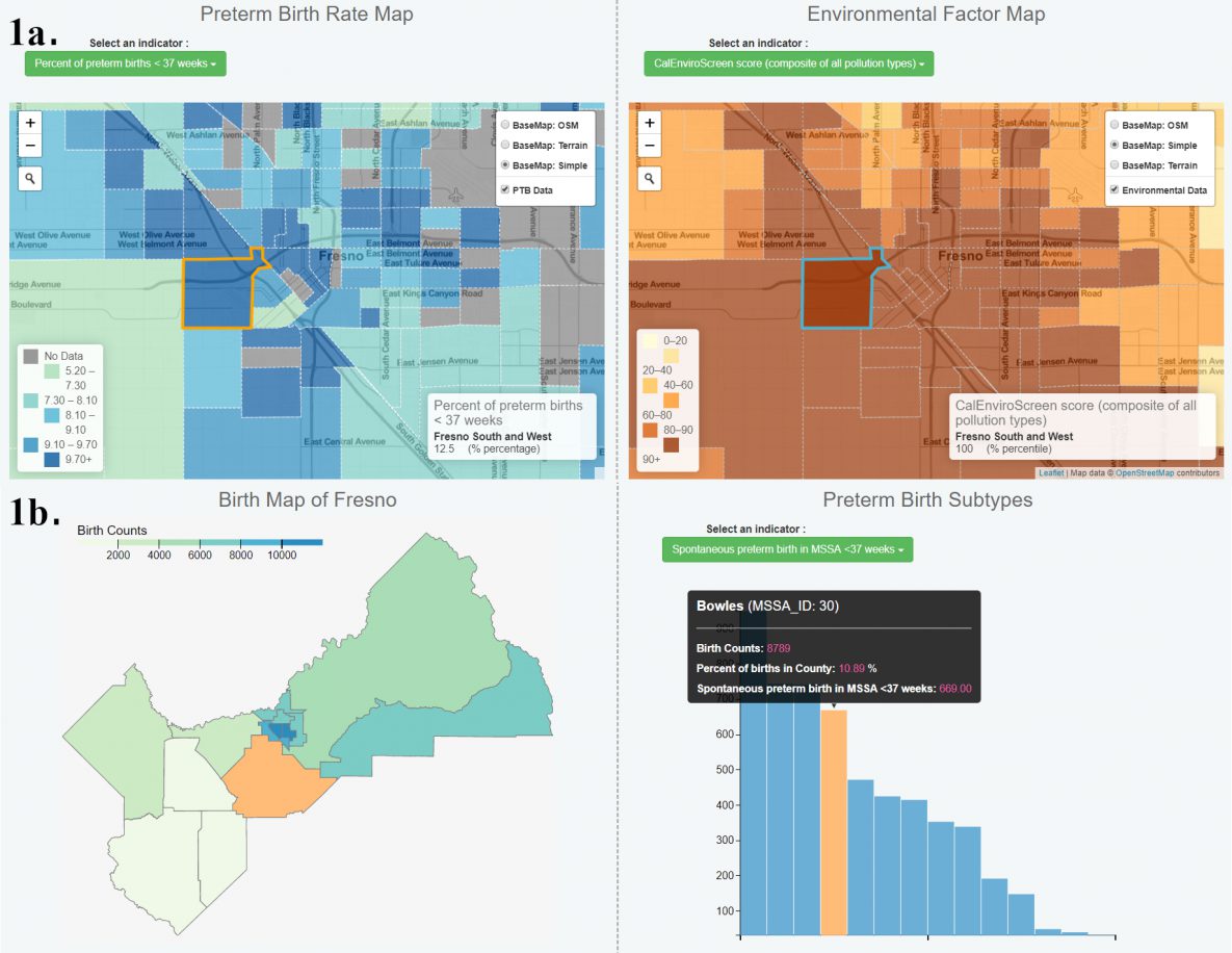 A. Demonstration of the environmental pollution topic of an online geographic data visualization tool for exploring preterm birth in Fresno County, California, using linked maps. Different indicators can be selected for each map. B. The birth topic with overall preterm birth shown on the map and spontaneous preterm birth shown on the indicator histogram. Data elements are linked so that as selection of 1 data value occurs, the location of that data value is displayed on the map.