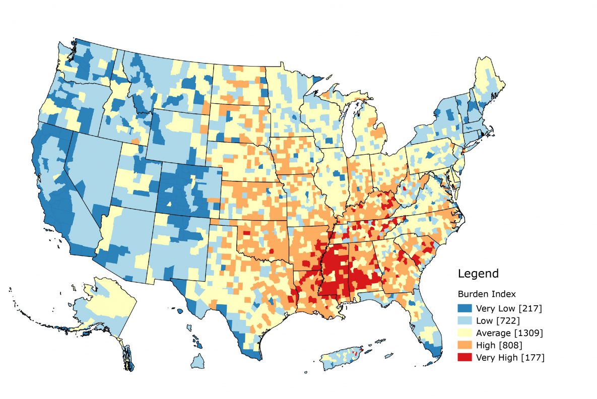 Map of burden index. Guam, American Samoa, and the North Mariana Islands are not shown.