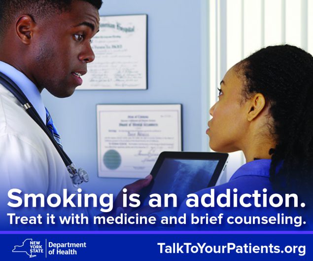 Three advertisements used in New York State Department of Health promotion of tobacco cessation patient interventions among health care providers.