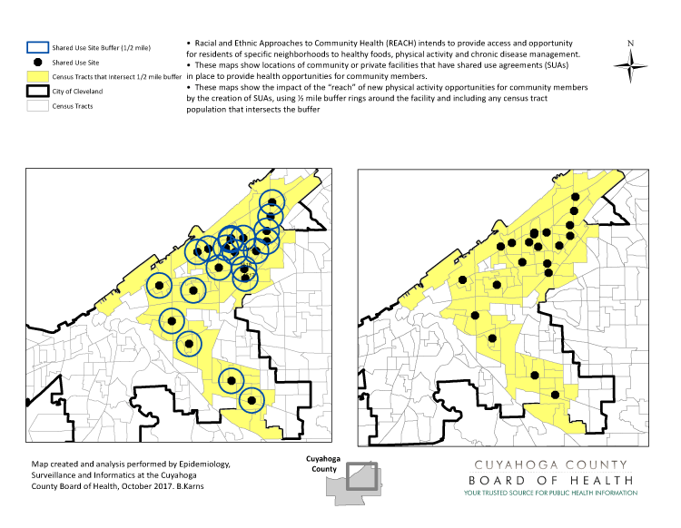 GIS map generated by Cuyahoga County Health Department to map locations of community facilities with shared-use agreements for chronic disease self-management workshops and active living activities and populations within a half mile of those facilities.