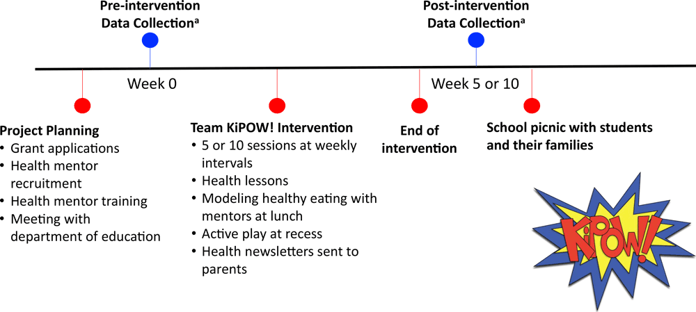 Team KiPOW! intervention timeline. Each Team KiPOW! intervention consisted of a project planning phase, pre-intervention data collection, the intervention itself, postintervention data collection, and a school picnic with students and their families. Data collection consisted of height, weight, blood pressure measurements, and possibly fitness assessment and behavior survey, depending on the session.