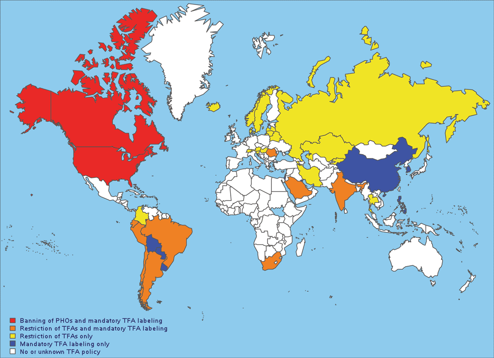 Countries with policies or regulations on industrially produced (artificial) TFAs. Data source: World Health Organization (14). Abbreviation: PHO, partially hydrogenated oil; TFA, trans -fatty acid.