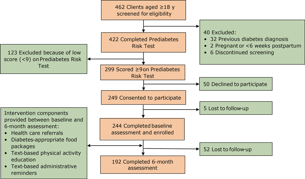 Pilot project enrollment and implementation from baseline to 6 months, food bank–based diabetes prevention intervention, Alameda, California, 2017–2019. The Prediabetes Risk Test is available from the Centers for Disease Control and Prevention at https://www.cdc.gov/prediabetes/takethetest.