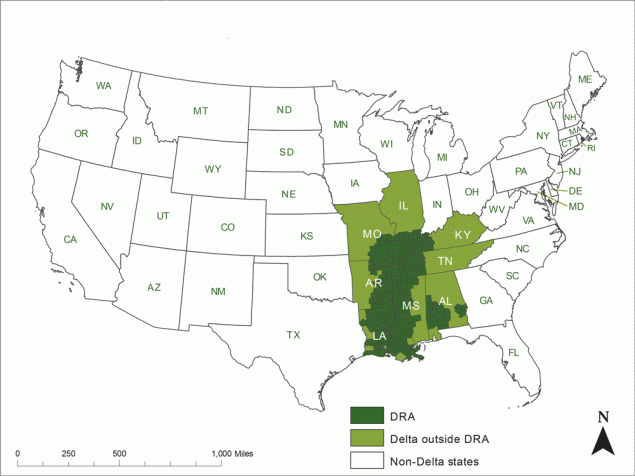 United States’ Delta Regional Authority (DRA) counties and parishes.