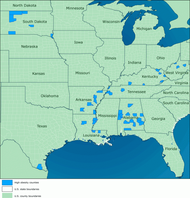 Counties selected for the Centers for Disease Control and Prevention’s High Obesity Program, 2014–2018. Sources: Esri (2), HERE (3), Garmin (4), Food and Agriculture Organization of the United Nations (5), National Oceanic and Atmospheric Administration (6), US Geological Survey (7), OpenStreetMap (8), and US Census Bureau (9).