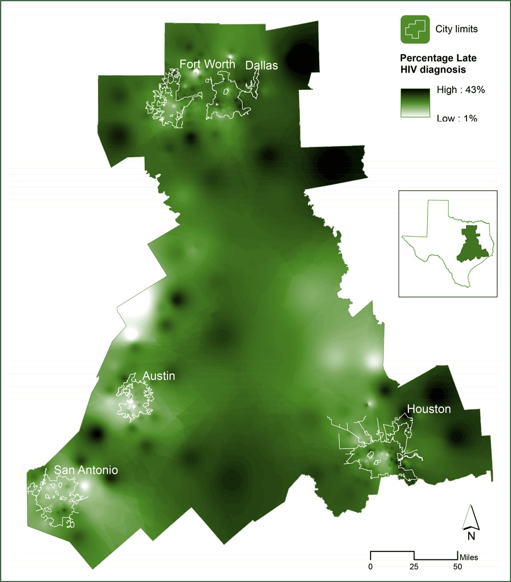 Spatially smoothed regional percentage of late HIV diagnoses in the study area in Texas (5 largest cities, by population and by HIV morbidity: Houston, Dallas, San Antonio, Austin, and Fort Worth).