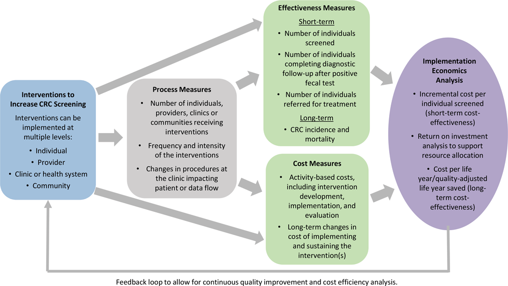 Framework for the implementation economics evaluation used by the Colorectal Cancer Control Program Learning Collaborative. Abbreviation: CRC, colorectal cancer.