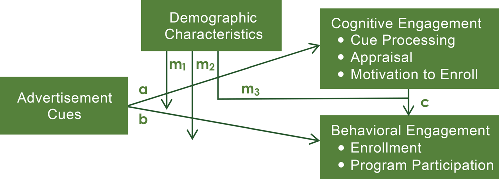 Advertisement engagement framework combines constructs from the Elaboration Likelihood Model and Protection Motivation Theory (12,13) to outline potential relationships among advertisement cues, cognitive engagement with study advertisements, and behavioral engagement outcomes, including potential moderating effects of demographic variables on the relationship between advertisement cues and cognitive engagement (m1) and behavioral engagement (m2), and the relationship between cognitive and behavioral engagement constructs (m3).