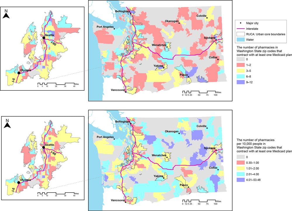 Geographic patterns of Medicaid-contracted pharmacies in Washington State, 2017, showing the number of pharmacies (top) and the number of pharmacies per 10,000 residents (bottom) in Washington State zip codes that contract with at least 1 Medicaid insurance plan. Inserts show the greater Seattle/Olympia area.