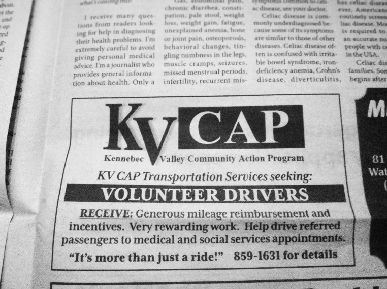 Newspaper advertisement used for recruiting volunteers for the Kennebec Valley Community Action Program’s transportation services in Maine.