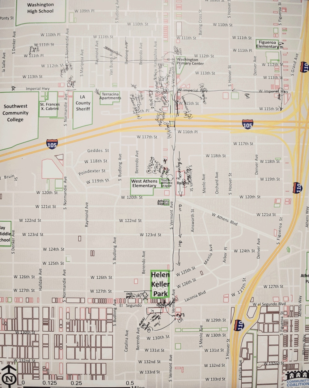 Paper street map of community park access assets and challenges, South Los Angeles, 2015.