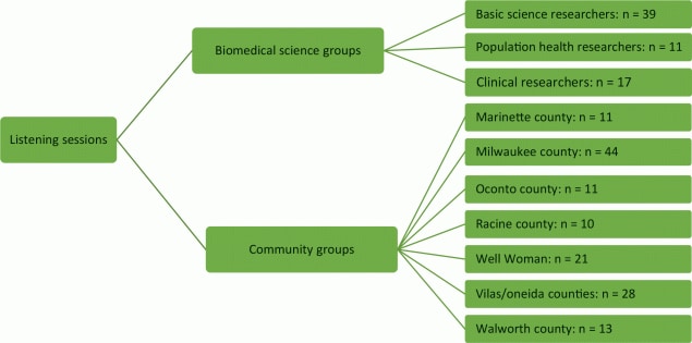 Composition of listening sessions and interviews. A total of 205 participants answered semistructured questions about communities and cancer disparities in Wisconsin. Sixty-seven participants represented basic, population health, and clinical research, and 138 participants represented community perspectives. We also conducted a listening session at a coordinators meeting of Well Woman, the Wisconsin’s Centers for Disease Control and Prevention’s National Breast and Cervical Cancer Early Detection Program.