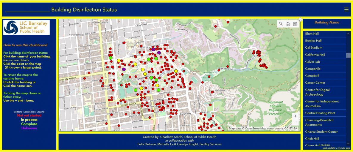 An interactive dashboard for showing the status of disinfection of buildings during the coronavirus disease 2019 (COVID-19) pandemic on the campus of the University of California, Berkeley.