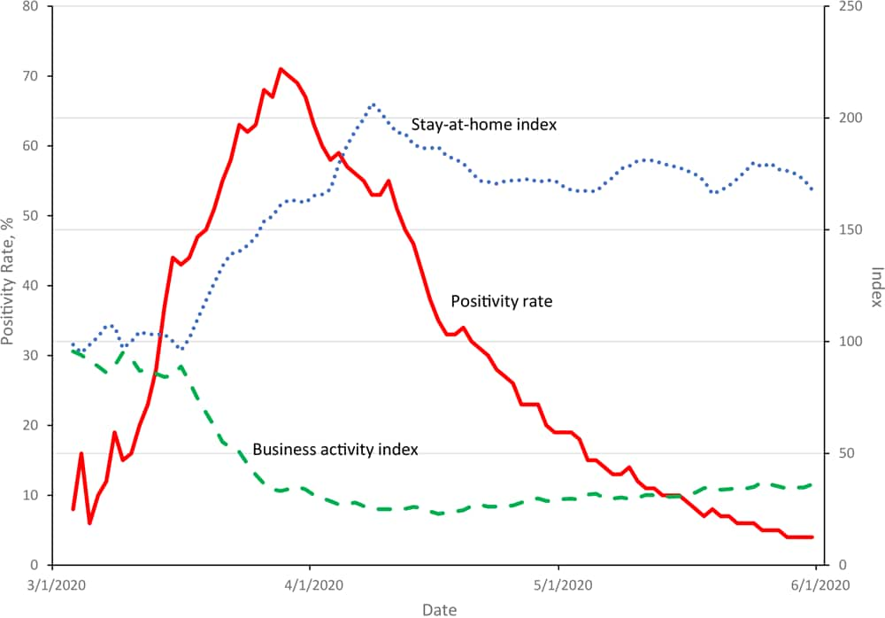 Citywide trends in the positivity rate for severe acute respiratory syndrome coronavirus 2 (SARS-CoV-2) and business activity and stay-at-home indices, New York City, March 3–May 31, 2020. The positivity rate gives the percentage of daily tests that had a positive result; the business activity index gives the number of visitors to points of interest (such places as stores, restaurants, parks, hospitals, or museums) in a zip code; and the stay-at-home index counts the number of smartphone devices that did not leave their home location. Both indices are averaged across zip codes (weighted by population), are lagged 3 to 7 days before the day of the test, and are normalized to equal 100 in the prepandemic period of February 4 through 6.