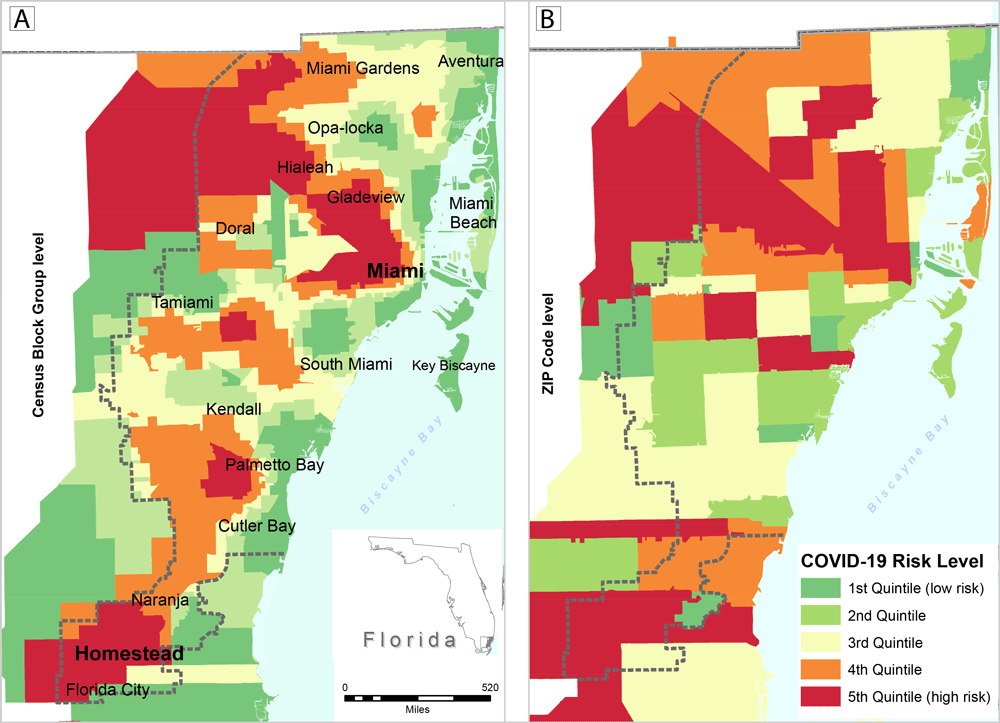 Map A shows estimated census block group level COVID-19 rates per 1,000 population for Miami–Dade County, Florida (generated with areal interpolation) based on zip code level rates. Map B is the same map as A but at a larger geographic area of zip codes. Data are for the 89,556 confirmed cases of COVID-19 reported as of July 21, 2020, in the Florida Department of Health COVID-19 Data and Surveillance Dashboard. Maps show rates (by quintiles) per 1,000 population.