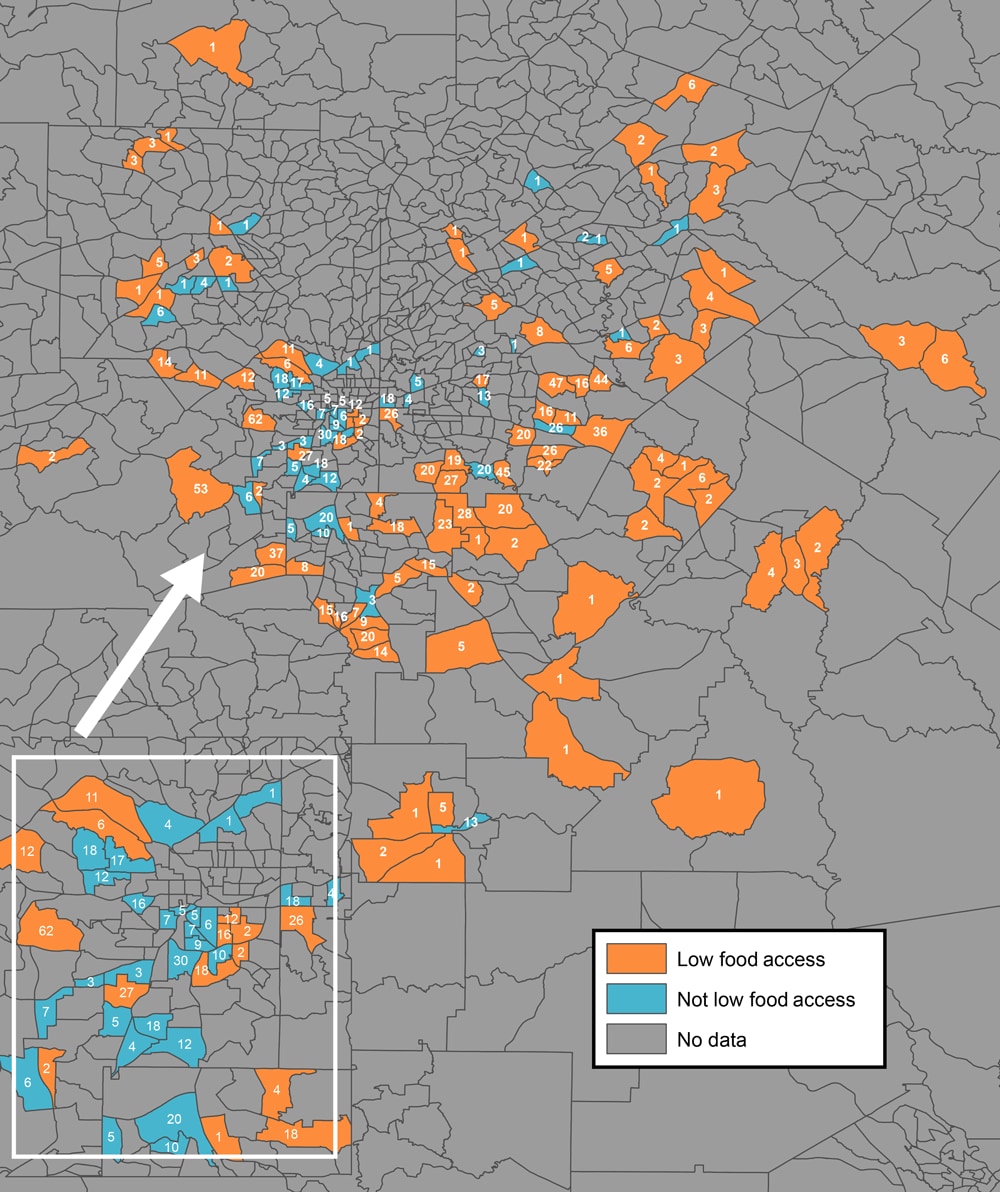 Objectively measured levels of food access, by 2010 census tract boundaries, in metropolitan Atlanta, Georgia. Only census tracts in which participants in the Morehouse–Emory Cardiovascular Center for Health Equity Study (indicated by the numbers inside census tracts) resided were examined for food access. “Low food access” refers to census tract areas that had objectively measured low levels of access to healthy foods, and “not low food access” refers to census tracts areas that had objectively measured high levels of access to healthy foods. The US Department of Agriculture Food Access Research Atlas classifies urban census tracts as having low levels of access to healthy foods when ≤500 people or 33%26#37; of the census tract population resides 1 mile or more from a large grocery store, supercenter, or supermarket (22). Inset shows the city of Atlanta.