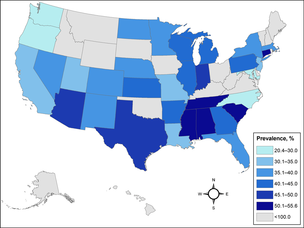 Prevalence of obesity in the US among the All of Us Research Program cohort with a calculated body mass index (kg/m2) of 30 or above, based on physical measurement data. Prevalence estimates were not calculated for states with fewer than 100 participants