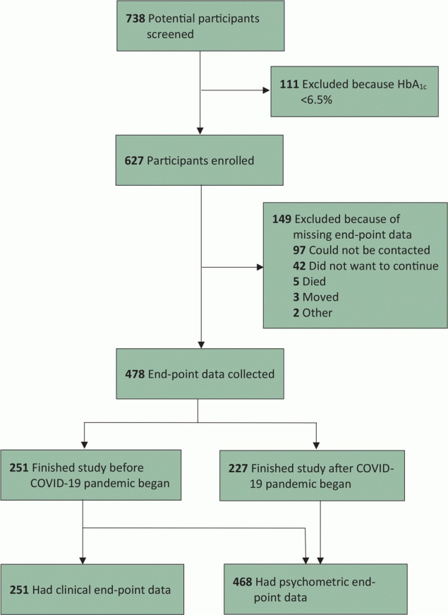 Enrollment flowchart for a diabetes self-management education and support intervention in rural Guatemala, 2018–2020.