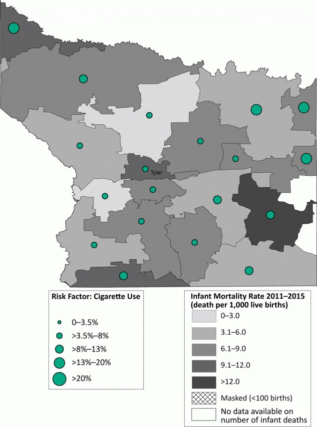 Infant mortality rate (deaths per 1,000 live births) with prevalence of cigarette smoking during pregnancy, by zip code area, Smith County, Texas, 2011–2015.