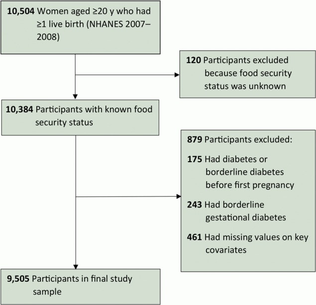 Analytic sample from 2007–2018 National Health and Nutrition Examination Survey. Covariates were age at first live birth, education, race and ethnicity, nativity, parity, family history of diabetes, and diabetes-related health behavior variables measured at the time of interview: alcohol use, total sugar intake 24 hours before the interview, smoking status, having rigorous-intensity activity at work or at leisure, body mass index, health insurance, and having a routine place for health care.