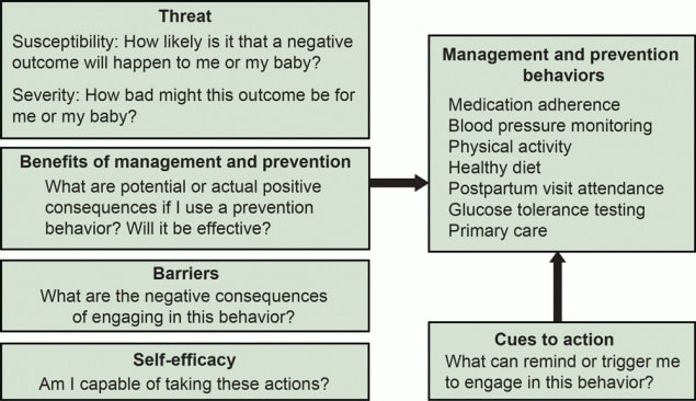 Diagram of the constructs of the Health Belief Model (22), as applied to the current study of high-risk cardiometabolic conditions during pregnancy and postpartum, adapted from (24).