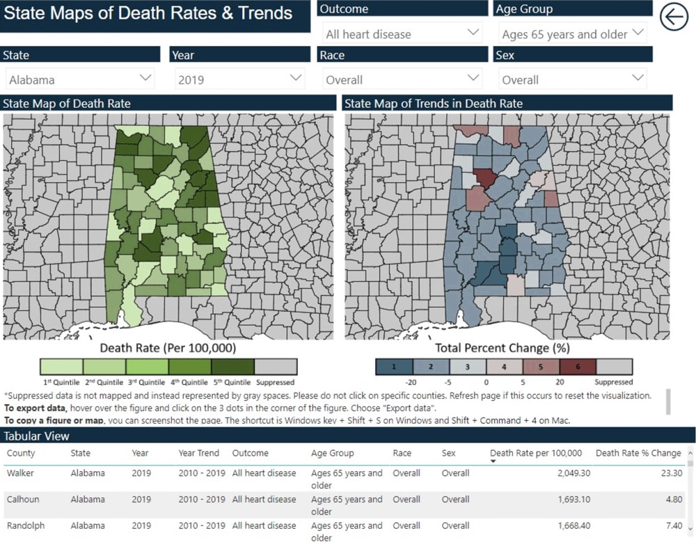 Maps showing the full interface of the Local Trends in Heart Disease and Stroke Mortality Dashboard.