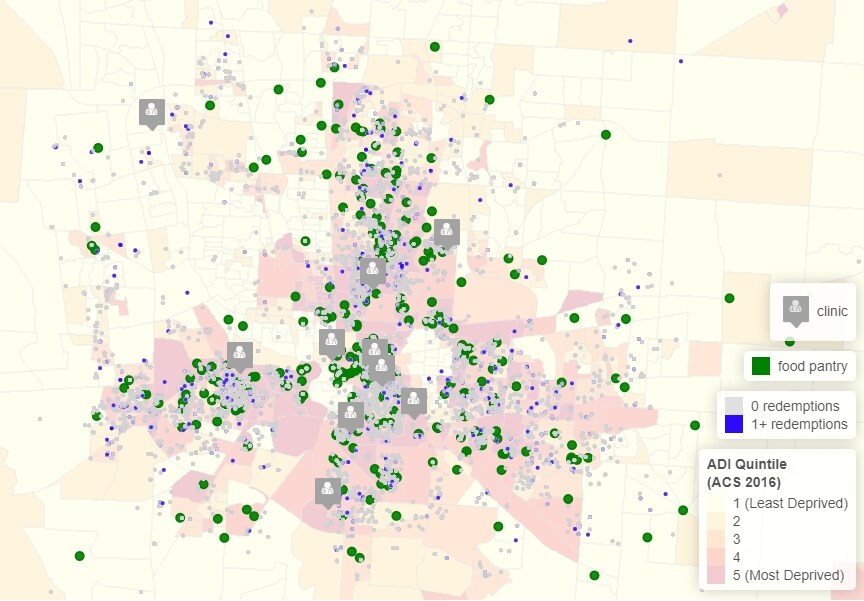 Farmacy redemptions suggest that patients living in high deprivation areas (eg, ADI quintile 5) are potentially more likely to visit a food pantry.