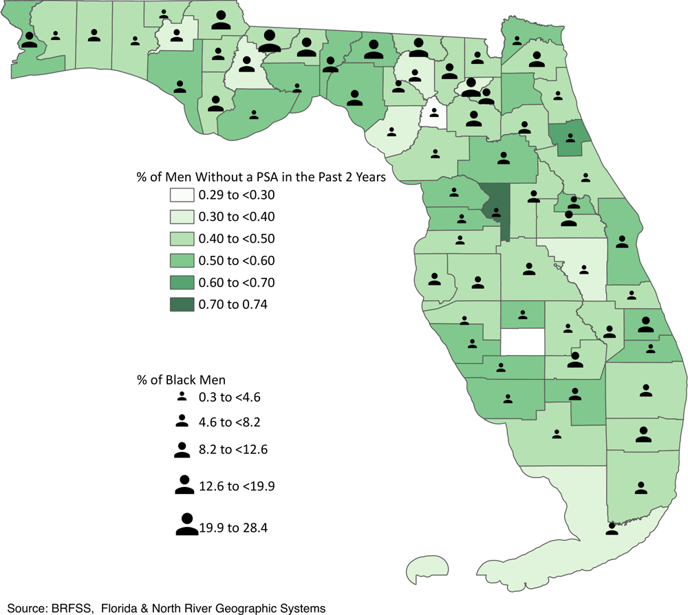 In counties across the state where the percentage of Black male residents was higher, more than 40% of men had not undergone a PSA test in the last 2 years.