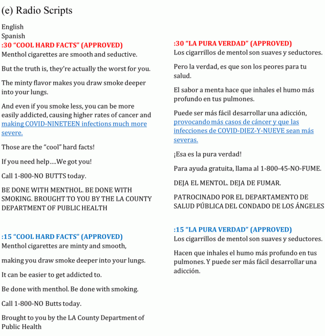 Los Angeles County Department of Public Health’s health marketing campaign, “Done with Menthol,” radio station advertisements with custom elements for station disc jockeys.