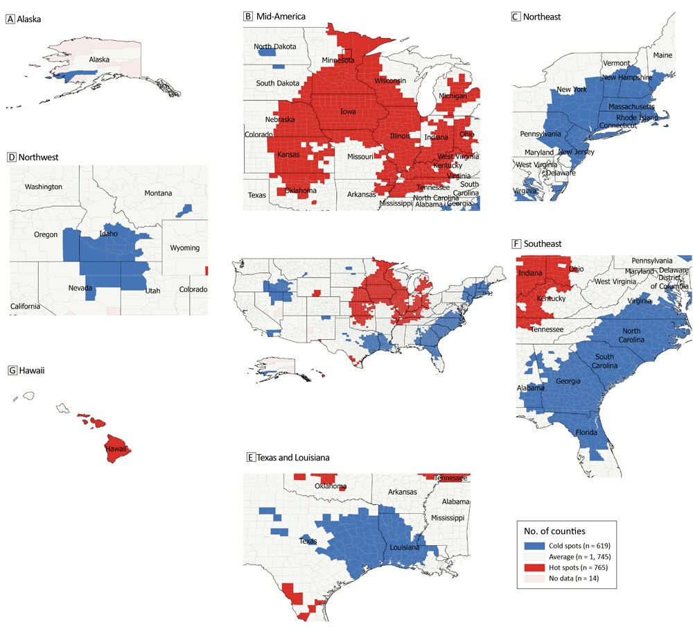 Changes in total cancer death rates at the county level between 2004–2008 and 2014–2018 in the US.