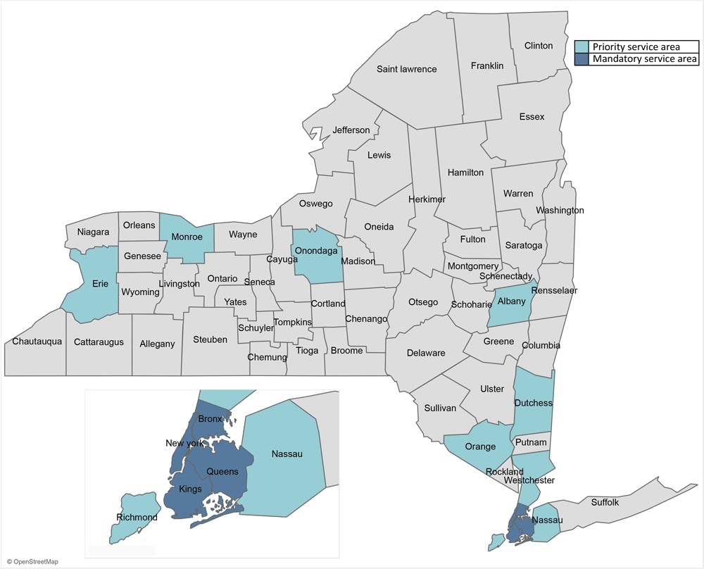 Program surveillance identified 13 of 62 counties in New York State with the highest asthma burden. These counties experienced high rates of asthma-related emergency department visits and hospitalizations among people aged 0 to 24 years, or a disproportionately high number of such visits compared to the state's total. Among the counties with the greatest asthma burden, 9 were designated priority service areas (Albany, Dutchess, Erie, Monroe, Onondaga, Orange, Nassau, Richmond, and Westchester) and 4 were designated as mandatory service areas (Bronx, Kings, New York, and Queens).