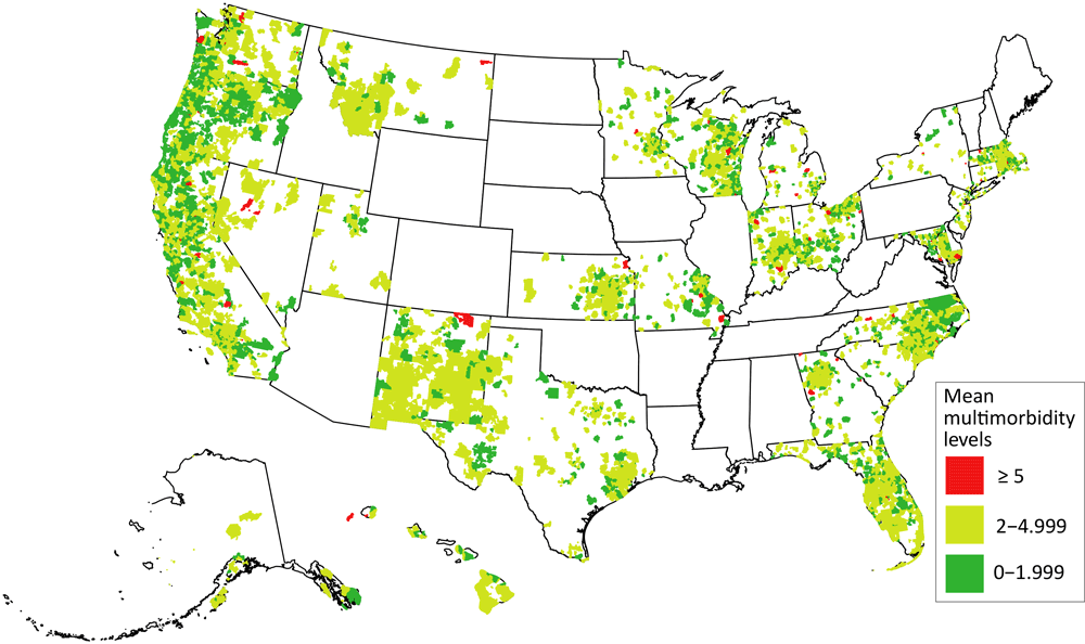 Mean multimorbidity levels for US, by ZCTA. Source: ADVANCE Clinical Research Network (14), 2012–2019. Abbreviation. ZCTA, zip code tabulation area.