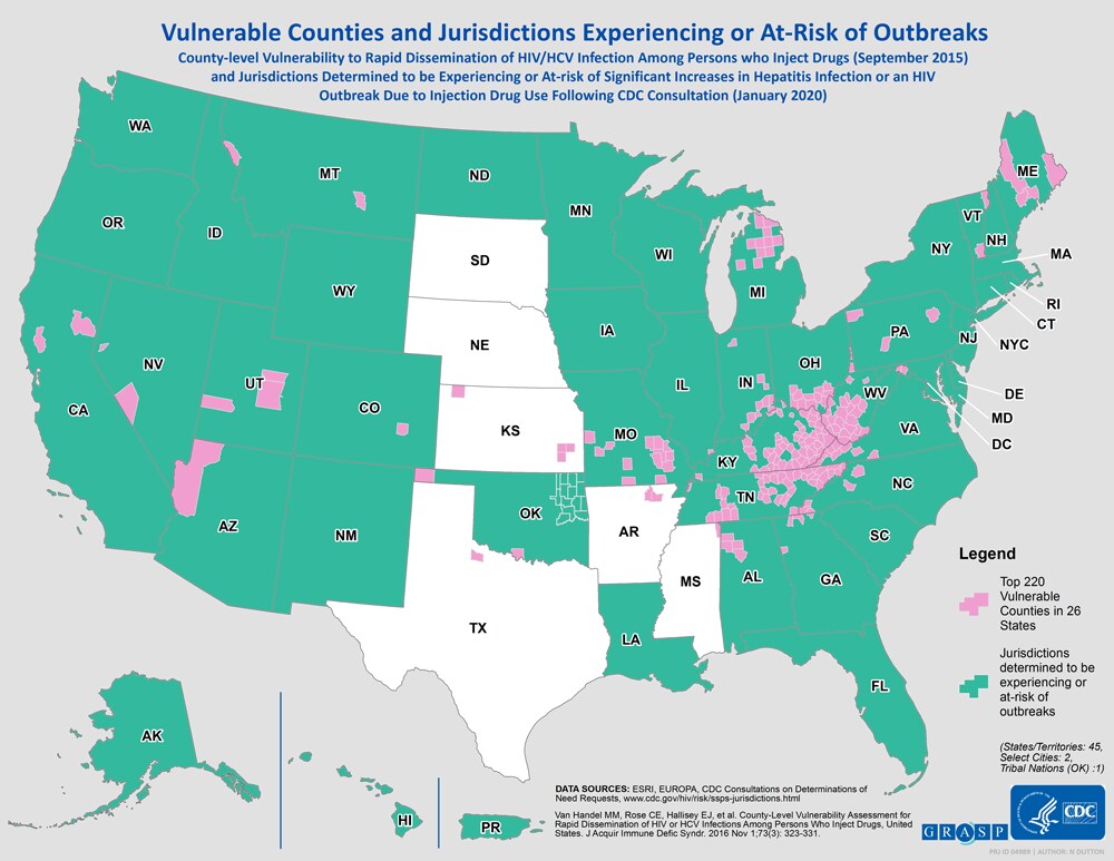 Vulnerability to rapid dissemination of HIV/HCV infection among persons who inject drugs and jurisdictions determined to be experiencing or at-risk of significant increases in hepatitis infection or an HIV outbreak due to injection drug use following CDC consultation.