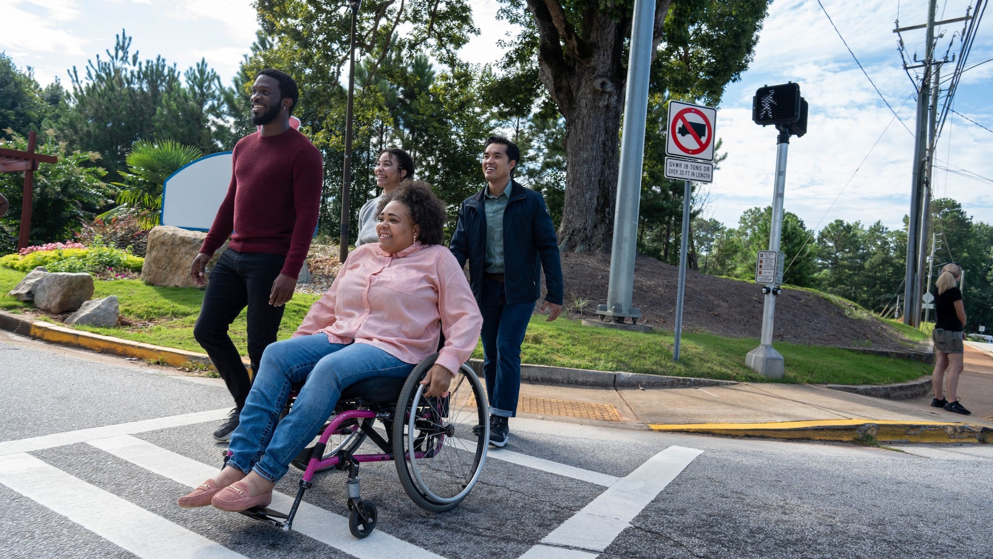 Friends crossing the street.