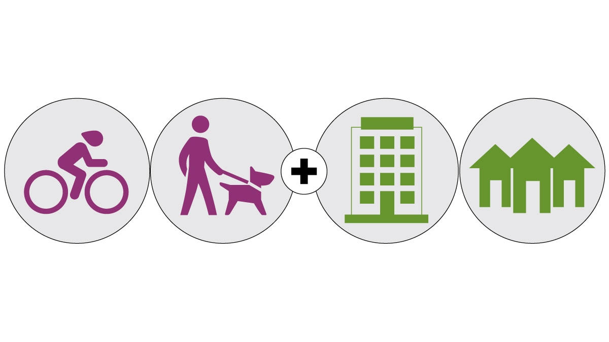 Illustration of biking and walking routes connected to office buildings and homes.