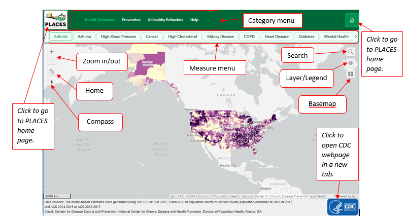 Interactive Map with category menu, measures, zoom in and out compass, etc.