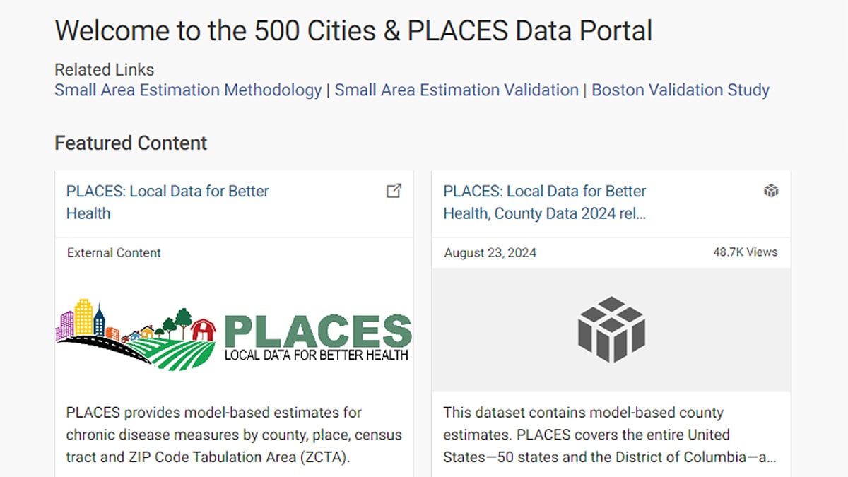 Screenshot of the CDC PLACES Data Portal webpage