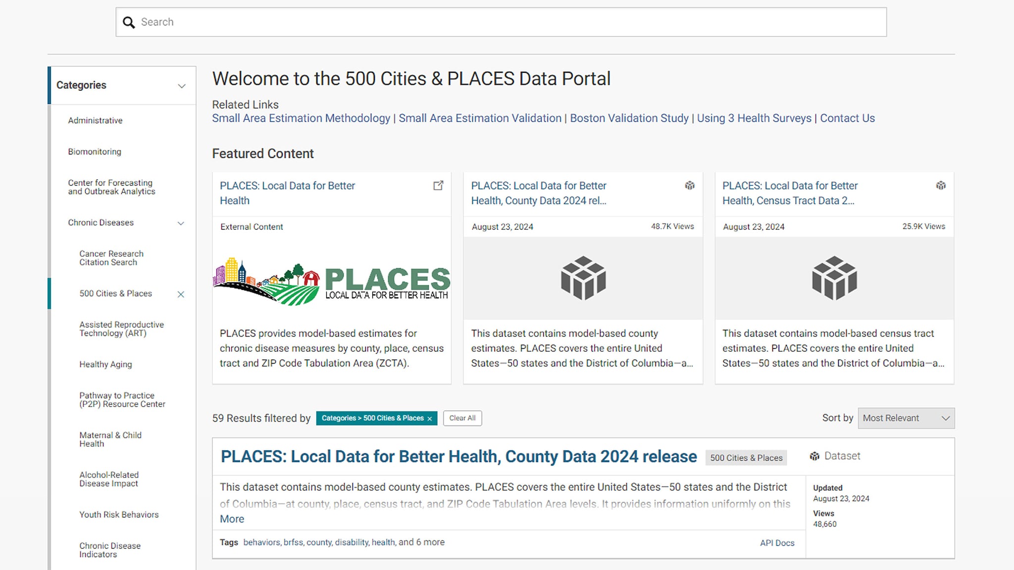 Screenshot of PLACES Data Portal webpage