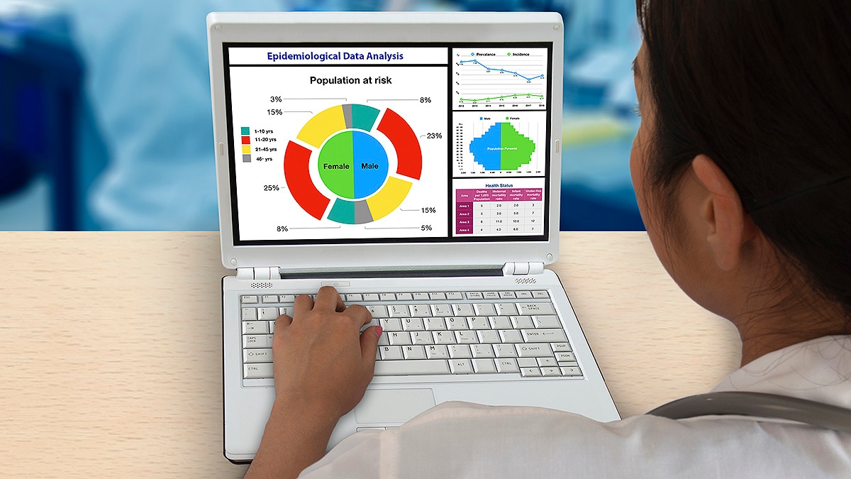 Scientist at computer with epidemiology data analysis charts and graphs on the screen.