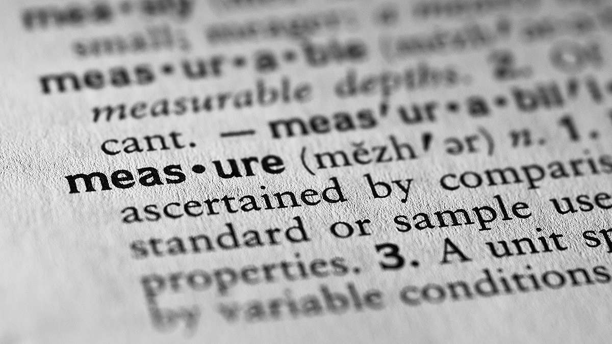 Page of a dictionary with the word and definition of "measure" highlighted in focus.